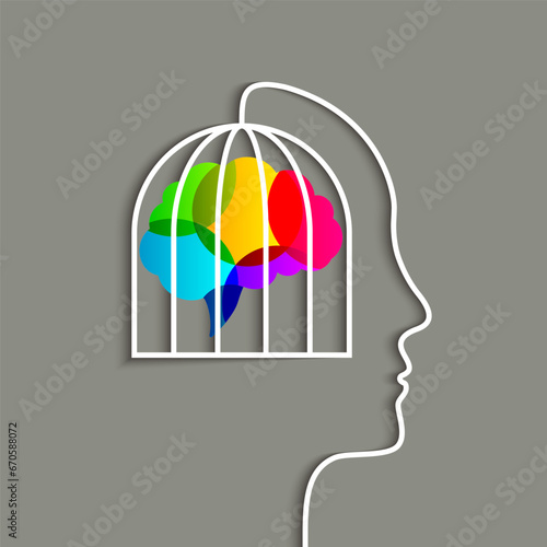 Head, cage and colorful brain locked inside concept