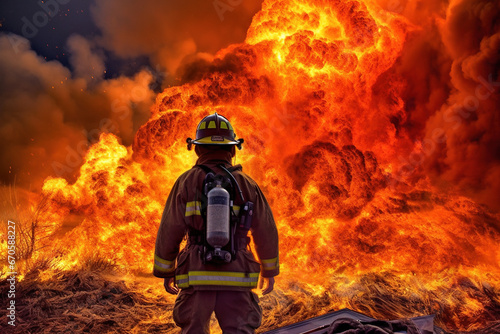 Firefighter against the background of fire