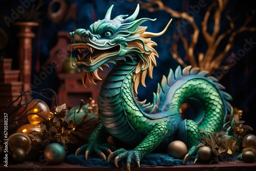 Fabulous cartoon green wooden dragon symbol of the 2024 New Year. The symbol of the Chinese Asian New Year. © Alena