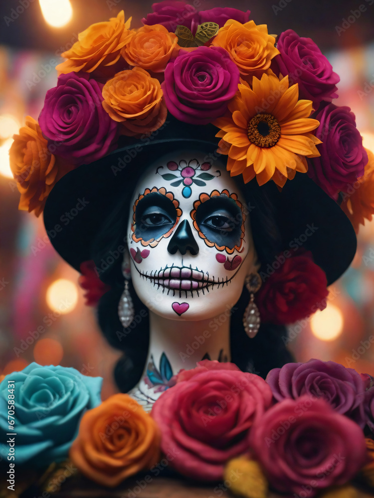Woman with mexican skull day of the dead makeup on her face traditional catrina dia de muertos