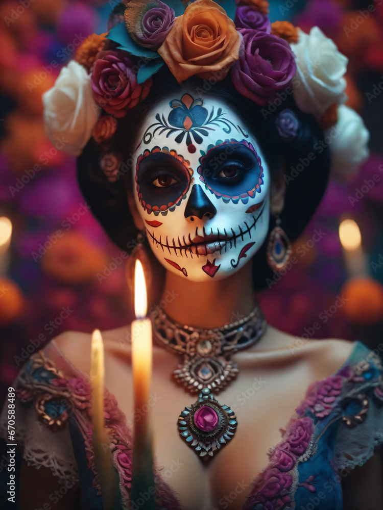 woman with sugar skull day of the dead makeup on her face traditional catrina dia de muertos