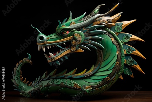 The fabulous green wooden dragon is the symbol of the 2024 New Year on black background. Colorful bright stylish New Year card photo