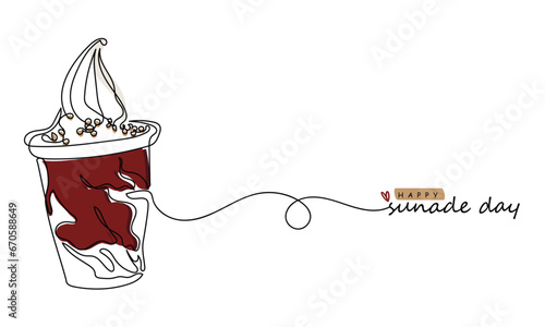 World sundae day in november. Desserts. Sweets. Guilty eating. Ice cream scoops and whipped cream. Syrup and toppings sprinkled. American desserts. Pieces of nuts and sweet sauce.