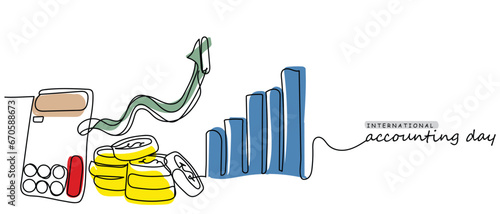 World accounting day line art. Continuous line drawing of finances calculating devices and graphs. Calculator and coins one line art vector