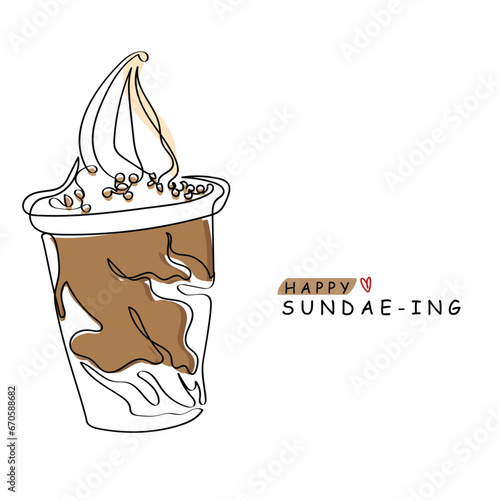 World sundae day in november. Desserts. Sweets. Guilty eating. Ice cream scoops and whipped cream. Syrup and toppings sprinkled. American desserts. Pieces of nuts and sweet sauce.