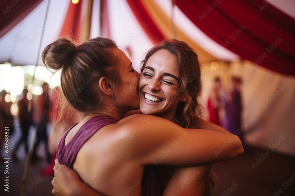 A behind-the-scenes shot of trapeze artists encouraging each other and sharing a supportive hug, love and creativity with copy space