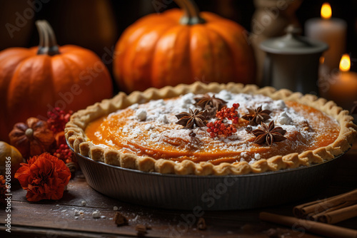Pumpkin Pie on plate. Thanksgiving autumn cake