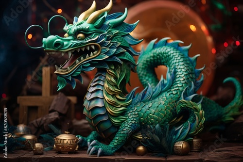 The fabulous green wooden dragon is symbol of 2024 New Year. A cute green dragon is sitting next to a Christmas tree with gifts.