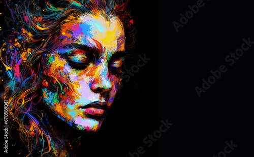 Vibrant Painted Portrait of a Young Beautiful Woman On Black Background.Watercolor  Oil painting  face paint