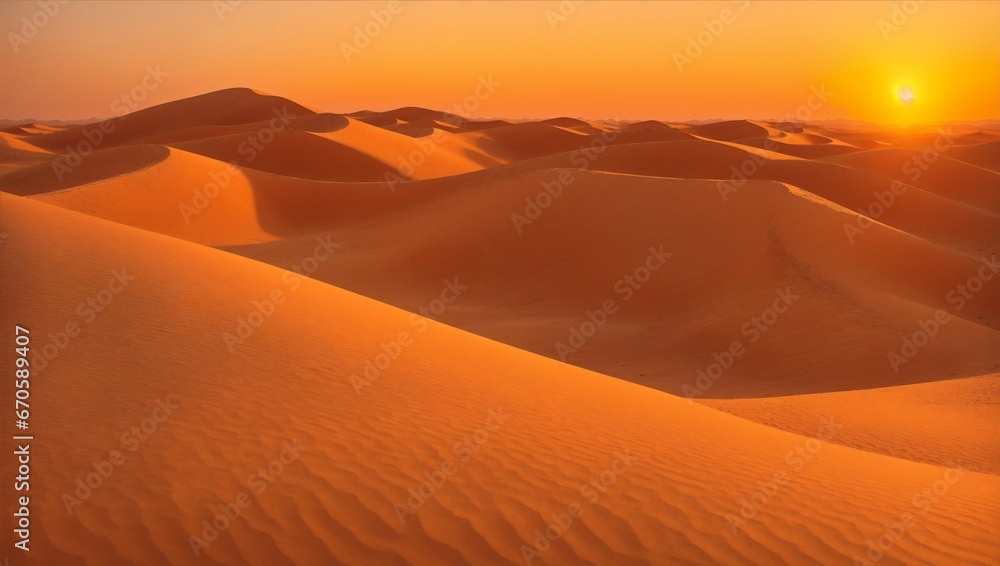 Sunset in the Desert. Enchanting Landscape with Orange Hues Painting the Dunes.