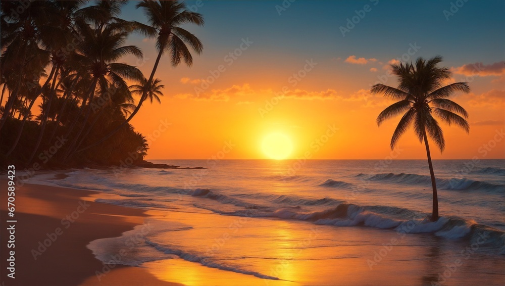 Sunset Over the Beach. A Beautiful Landscape of a Calm Sea with Palms Silhouetted Against the Evening Sky During Sunset.