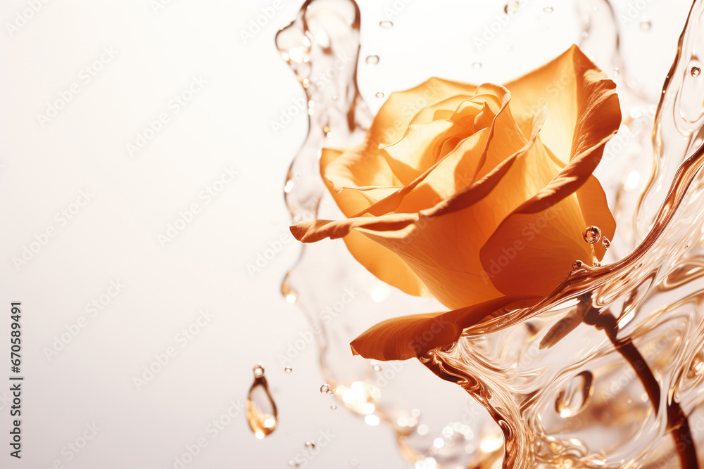 A dynamic and scented rose in water with an orange oil splash.