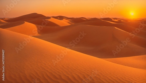 Sunset in the Desert. Enchanting Landscape with Orange Hues Painting the Dunes.