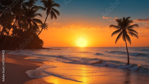Sunset Over the Beach. A Beautiful Landscape of a Calm Sea with Palms Silhouetted Against the Evening Sky During Sunset. © Adam