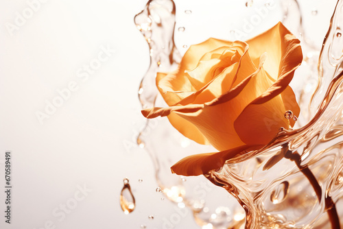 Obraz na płótnie A dynamic and scented rose in water with an orange oil splash. w salonie