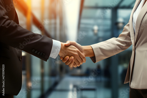 Professional Handshake Against Corporate Office Background, Symbolizing Partnership and Agreement
