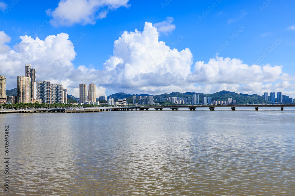 Modern city buildings and beautiful coastline natural landscape in Zhuhai, Guangdong Province, China.