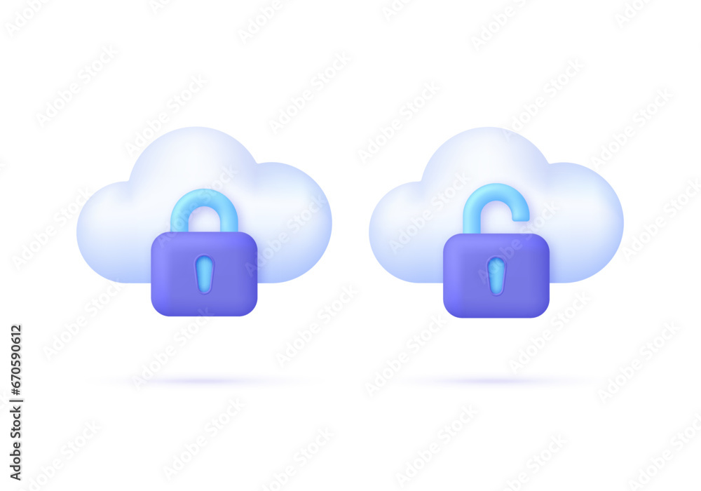3D Set of Cloud Protection. Cloud security concept. Open and closed padlock. Data storage. Technology concept. 3D Set of Cloud Protection. Cloud security concept. Open and closed padlock. Data storage. Technology concept.
