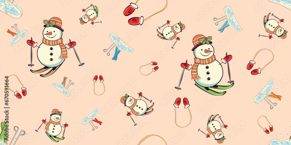 vector illustration festive with characters snowman, mittens, skis, winter seamless pattern