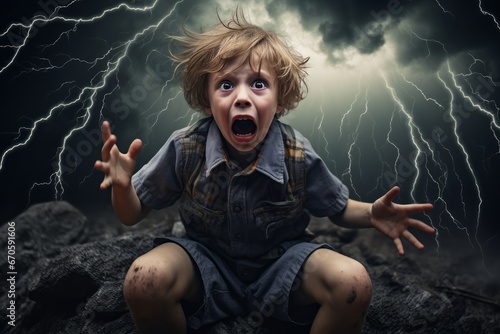 photo Showcase a young boy or girl experiencing fear in a thought provoking photo. Generative AI