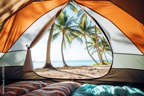 Tropical Retreat  Cozy tent adorned with cushions on a sunlit beach with a scenic sea view