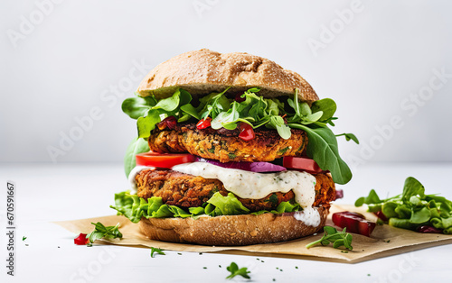 Tasty Vegan Burger: Homemade Falafel with a Medley of Vegetables, Perfect for World Vegan Day