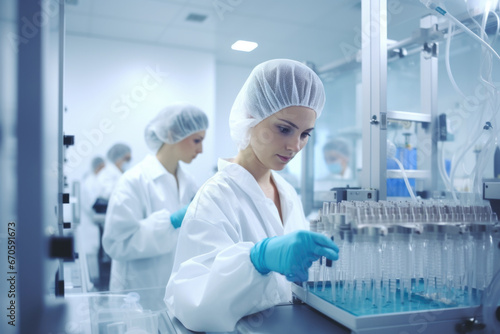 Female chemical engineer producing vaccines in pharmacy production plant
