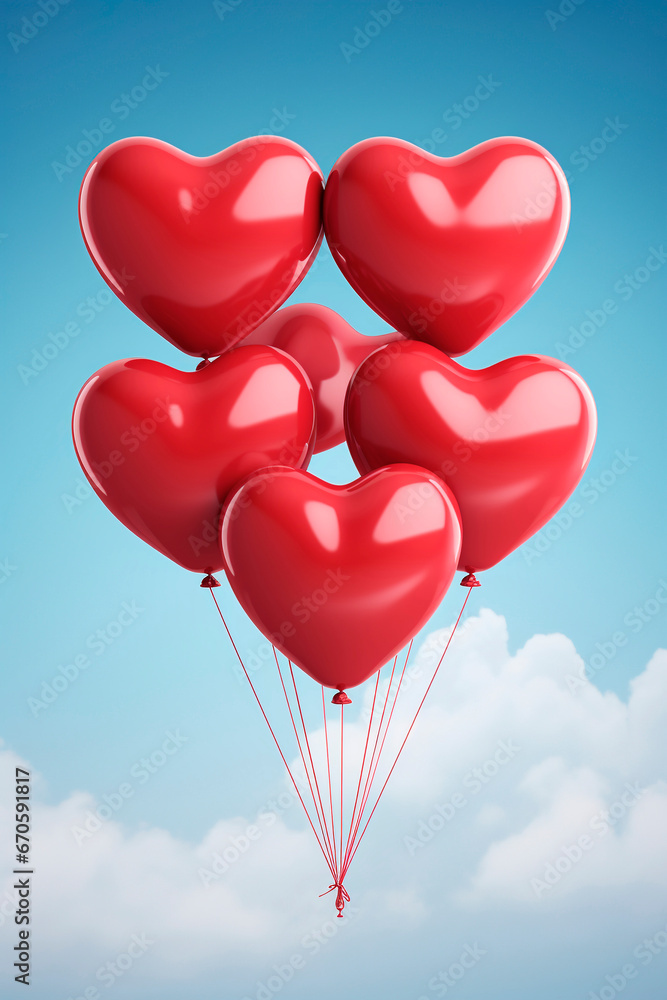 holiday illustration of flying bunch of red balloon hearts. Happy Valentines Day
