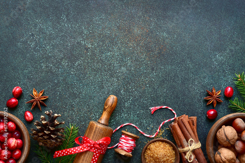Fototapeta Naklejka Na Ścianę i Meble -  Christmas baking background with ingredients for making cake or biscuit . Top view with copy space.