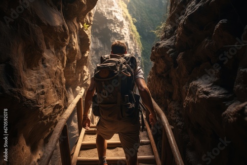 photo the adventurous spirit of a backpacker navigating a narrow staircase with a backpack. Generative AI