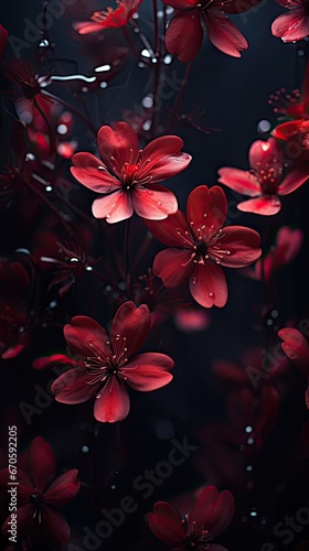 An ethereal scene with red flowers with delicate petals on a deep, dark background. Vertical orientation. 