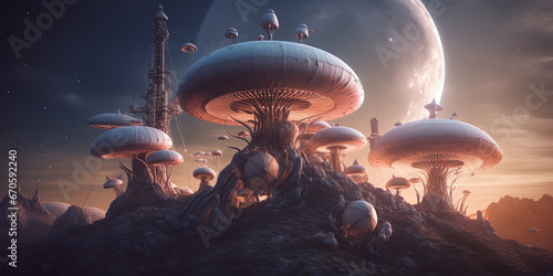 Lustration Of Life On Planet Of Giant Mushrooms