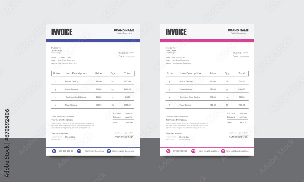 Professional invoice and letterhead design for corporate office. letterhead, invoice design illustration. Simple and creative modern corporate clean design.Free vector invoice design.