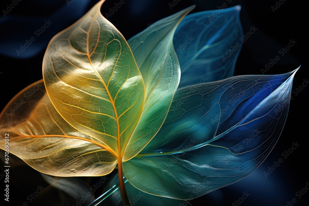 Obraz premium Close-up of leaves, natural shades, transparent layered colors, environmentally friendly liquid, good for backgrounds, blogs, presentations, advertisements, social media, etc. Generative Ai Image