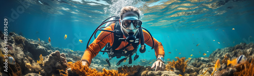 Underwater Scuba diver exploring multi-colored seabed