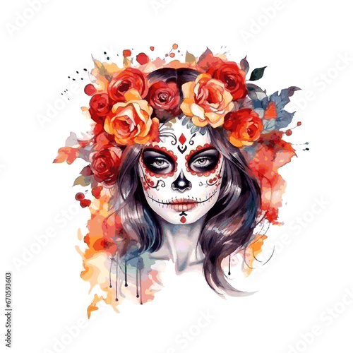 Fototapeta Naklejka Na Ścianę i Meble -  Dia DE Los Muertos face painting, Mexican Holiday, halloween dead girl scull with flowers watercolor paint on white background