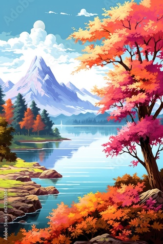 Calm lake mirrors the radiant fall colors and mountain majesty. Tranquility and untouched wilderness. Natural beauty concept.