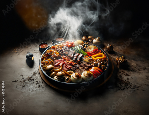 Korean BBQ Sizzling Plate with Variety of Meats and Vegetables
