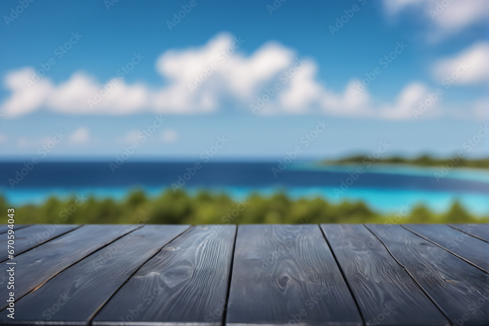 Empty Black Wooden Table with Blurred Ocean and Island Background