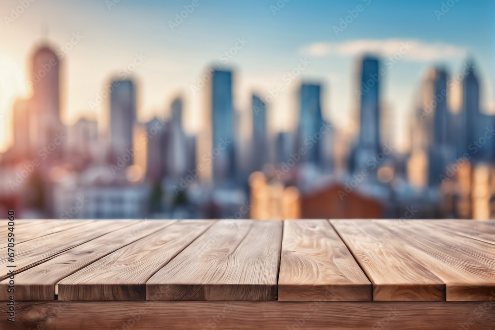 Empty Wooden Table with Blurred City Skyscraper Scape View Landscape Background at Dawn or Dusk Empty Wooden Table with Blurred City Skyscraper Scape View Landscape Background at Dawn or Dusk