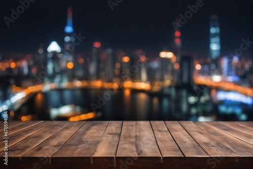 Empty Wooden Table with Blurred City Skyscraper Scape View Landscape Background at Night with Bokeh Lights