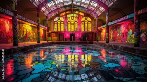 An abandoned indoor pool adorned with vibrant graffiti art, reflecting the colorful designs on its still waters under a decaying glass dome.Generative AI.