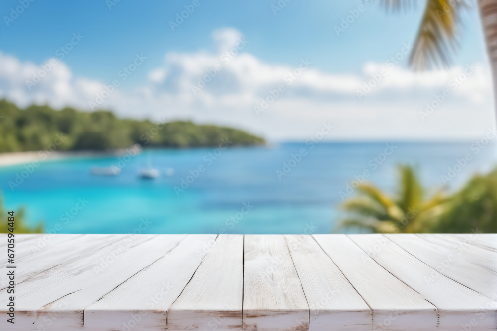 Fototapeta premium Empty White Wooden Table with Blurred Ocean and Island Background