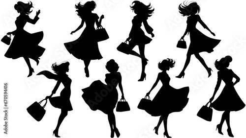 Stylish silhouettes of fashion ladies. Hair and dresses fluttering in the wind. Carrying handbags.