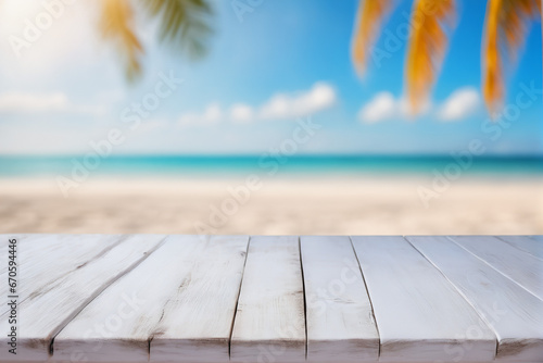 Empty White Wooden Table with Blurred Beach Background
