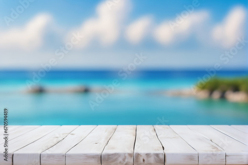 Empty White Wooden Table with Blurred Ocean and Island Background © Reytr