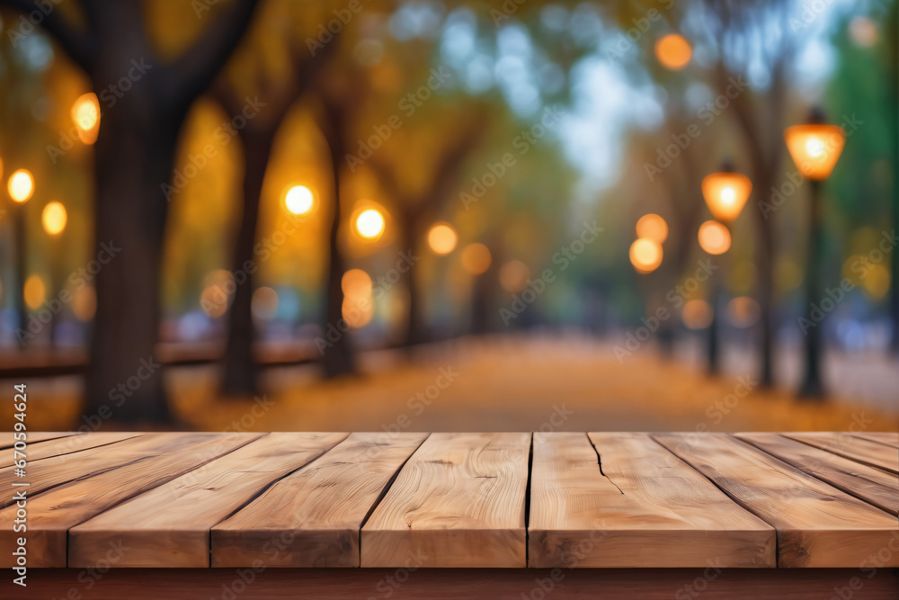 Empty Wooden Table with Bokeh Lights and Blurred Park Background Empty Wooden Table with Bokeh Lights and Blurred Park Background