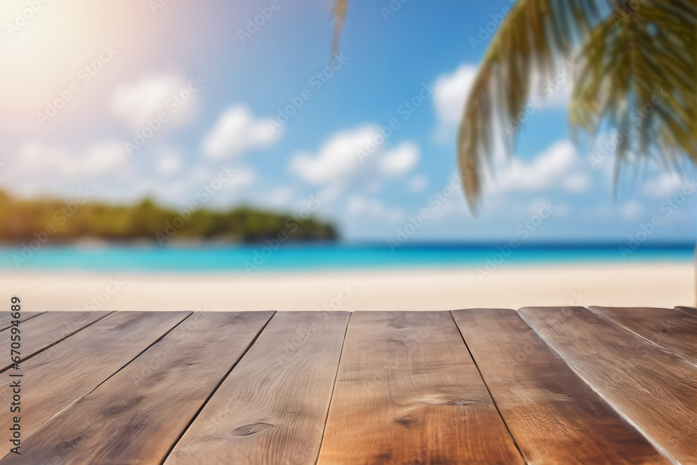Empty Wooden Table with Blurred Beach and Palm Trees in The Background