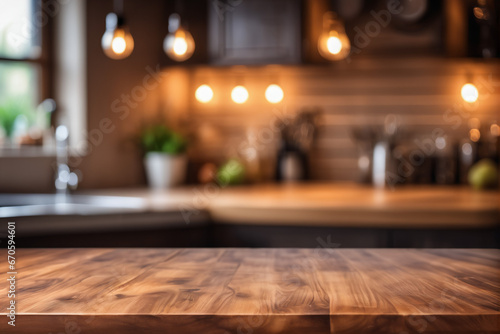 Empty Wooden Table with Blurred Dimly Lit Kitchen Background