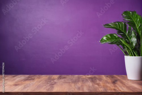 Empty Wooden Table with Plant in White Pot and Purple Wall Background